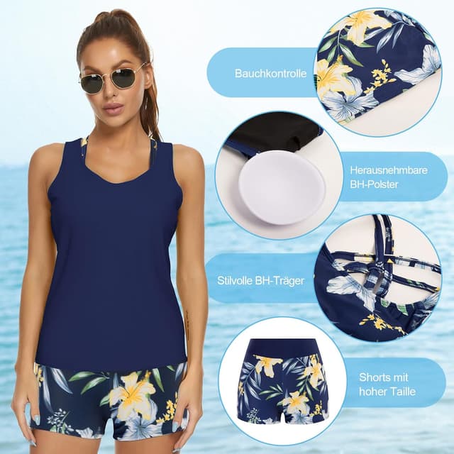 Detalle 2 de JASAMBAC 3-teiliges Tankini-Set für Damen mit Push-up-Oberteil und High-Waist-Badeshorts