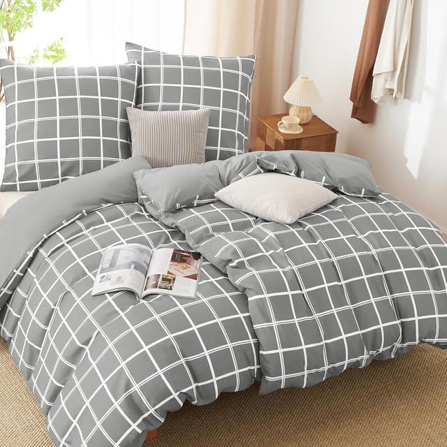 Detalle de WAVVE Bettwäsche 135x200 4-teilig (Mikrofaser) Grau mit Karo-Muster, Wendebettwäsche, mit Reißverschluss