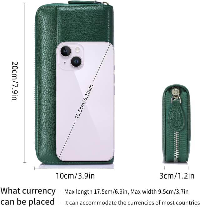 Detalle de SCHLATUM RFID Blocking Women’s Zipper Wallet in Green-dark – Large Capacity Leather Billfold Clutch