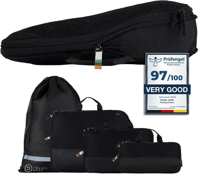 Detalle de Travel Dude Compression Packing Cubes (4-piece set) – lightweight compressible organisers in all black