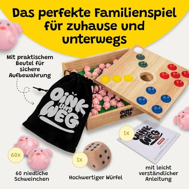 Detalle 2 de OINK und Weg – Schweinchen Spiel Holz (Big Hole Familienspiel zum taktischen Würfeln)