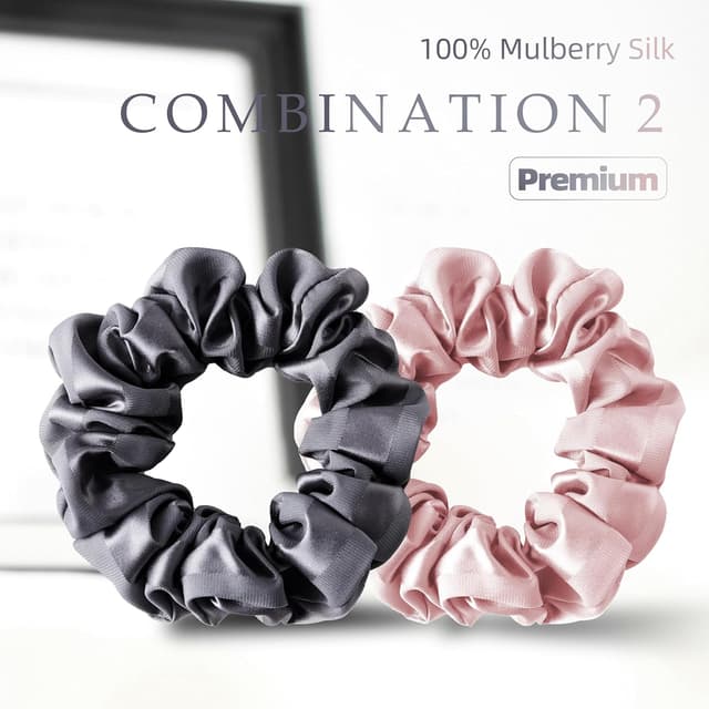 Detalle de Townssilk elastici per capelli in 100% seta di gelso (22 momme), grigio scuro e rosa, a righe – 2 pezzi