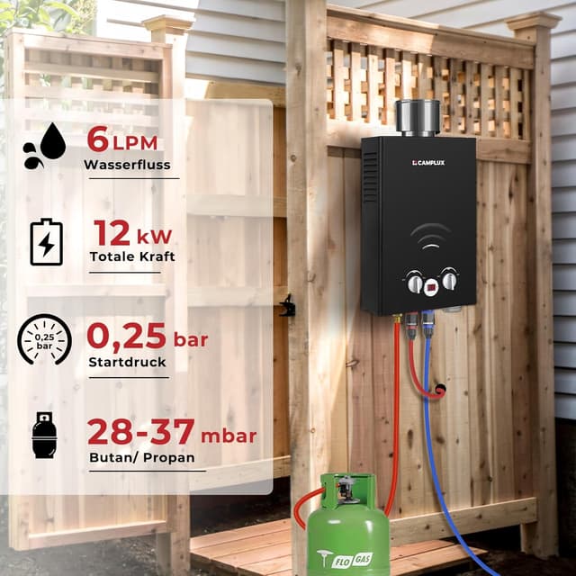 Detalle de CAMPLUX BW158BC Gasdurchlauferhitzer mit Regenhaube für Campingdusche & netzunabhängige Nutzung (6 Liter)