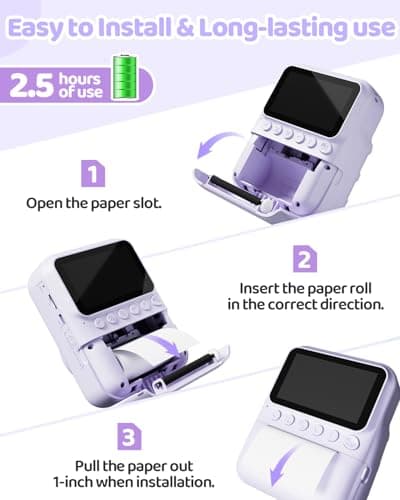 Detalle de Cámara instantánea infantil TIATUA (3,0'' HD, 48 MP) con impresión sin tinta y tarjeta de 32 GB, morado