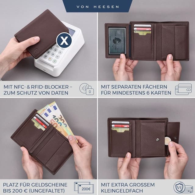 Detalle 2 de VON HEESEN Leder-Geldbörse mit RFID-Schutz (Braun) – Portemonnaie für Damen & Herren