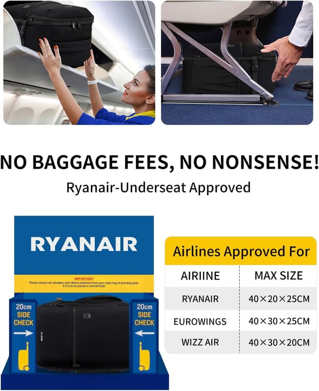 Detalle de ECOHUB Handgepäck-Rucksack für Ryanair (40×20×25 cm, 20 l) mit 14-Zoll-Laptopfach – recycelt, schwarz