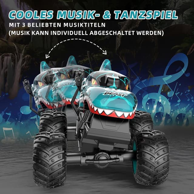 Detalle 2 de Ferngesteuertes 2,4GHz Monstertruck Auto (1:20) mit Dinosaurier-Optik, LED-Licht & Musik – ca. 20 km/h