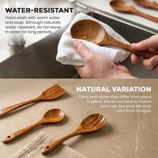 Detalle de Zulay Kitchen 9-Piece Teak Wood Cooking Utensil Set (Non-Scratch, Non-Toxic) with Comfortable Grip