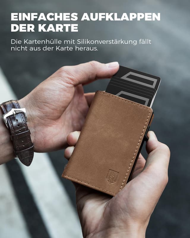 Detalle de DODENSHA MagSnap Portmonee Herren Slim-Wallet mit Münzfach, RFID-Schutz und Magnetverschluss (Vintage Braun) – für 10+ Karten