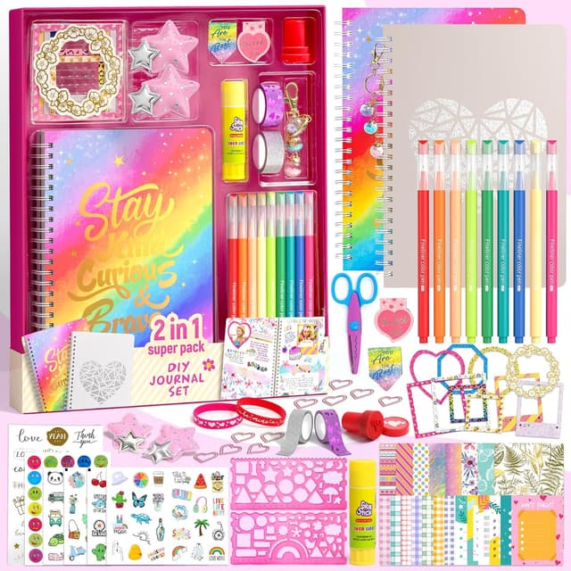 Detalle de 2er-Set Mega DIY Tagebuch Set für Mädchen (Spiraljournale, Bastel- & Scrapbook-Zubehör) – Geschenk ab ca. 8–14 Jahre