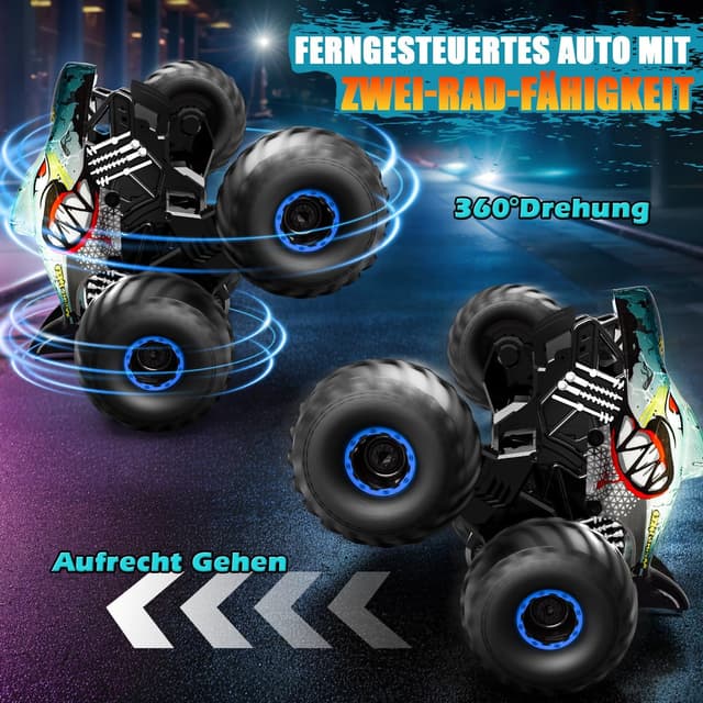 Detalle de Ferngesteuertes Auto 1/16 Monstertruck mit Stomp, Spray, Licht & Musik – Hai-Monstertruck (15 km/h, 360°-Drehung, 4WD)