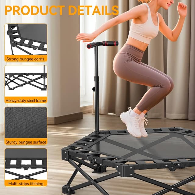 Detalle de Foldable Trampoline for Adults 42" Rebounder with Adjustable Foam Handle – Indoor/Outdoor Fitness