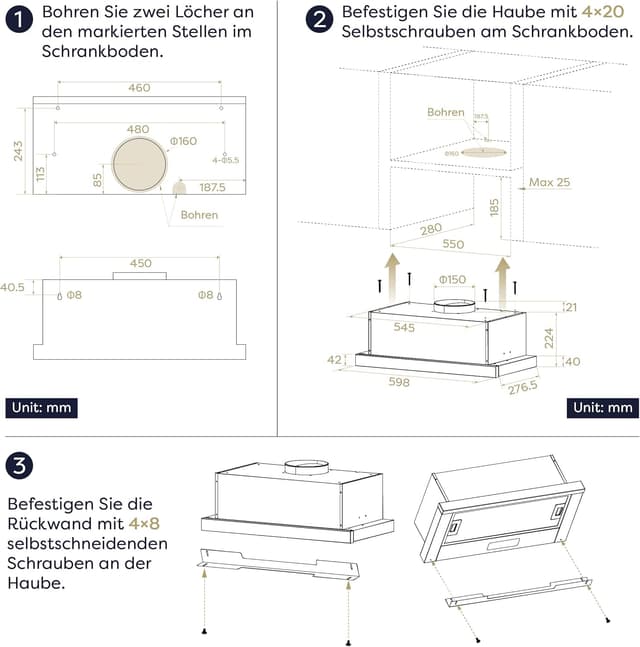 Detalle de CIARRA CBCS6909A A+ Flachschirmhaube für Umluft/Abluft, 60 cm, Touch-Bedienung, bis 600 m³/h