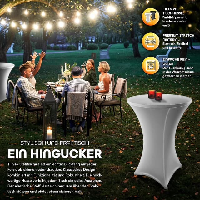 Detalle de tillvex® Gastro Stehtisch klappbar 2er-Set Ø70 cm mit Husse – runder Bistrotisch für Indoor & Outdoor