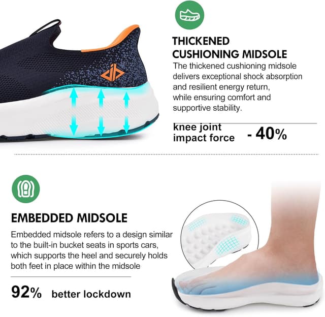 Detalle 2 de JACKSHIBO men’s slip-on trainers with wide toe box, arch support & zero drop sole