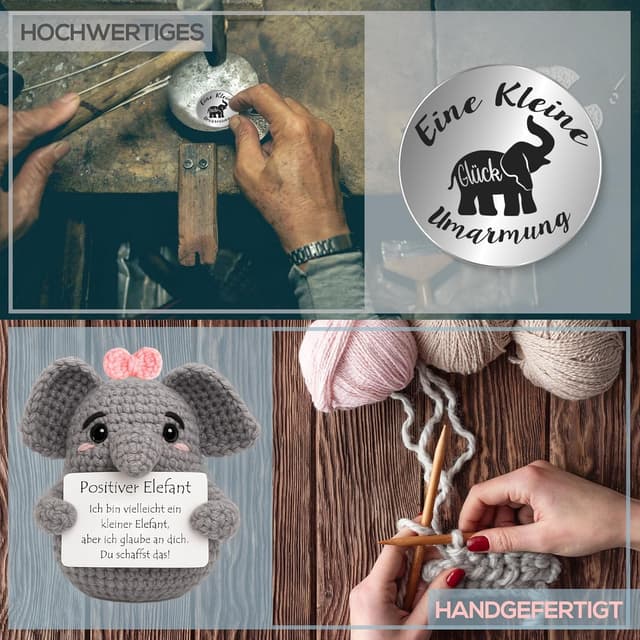 Detalle de Tixlux Pocket Hug Positiver Elefant – Strickfigur mit Glücksbringer-TonToken als Mutmacher-Geschenk (Rosa)