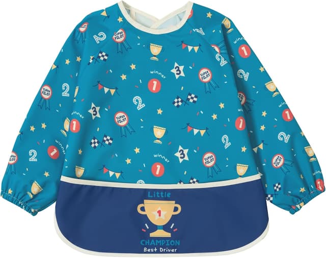 Detalle de Little Dimsum Bavaglino da svezzamento con maniche lunghe impermeabile, tasca grande e collo regolabile (6-36 mesi)