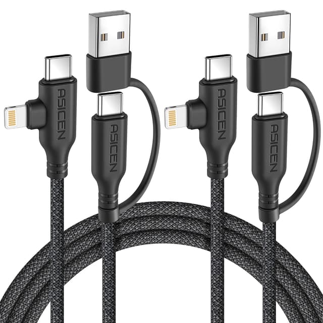 Detalle de ASICEN 100W PD 2-in-2 Multi Charging Cable (6ft) — Braided USB-C to 90° Lightning with USB-A/C to C options