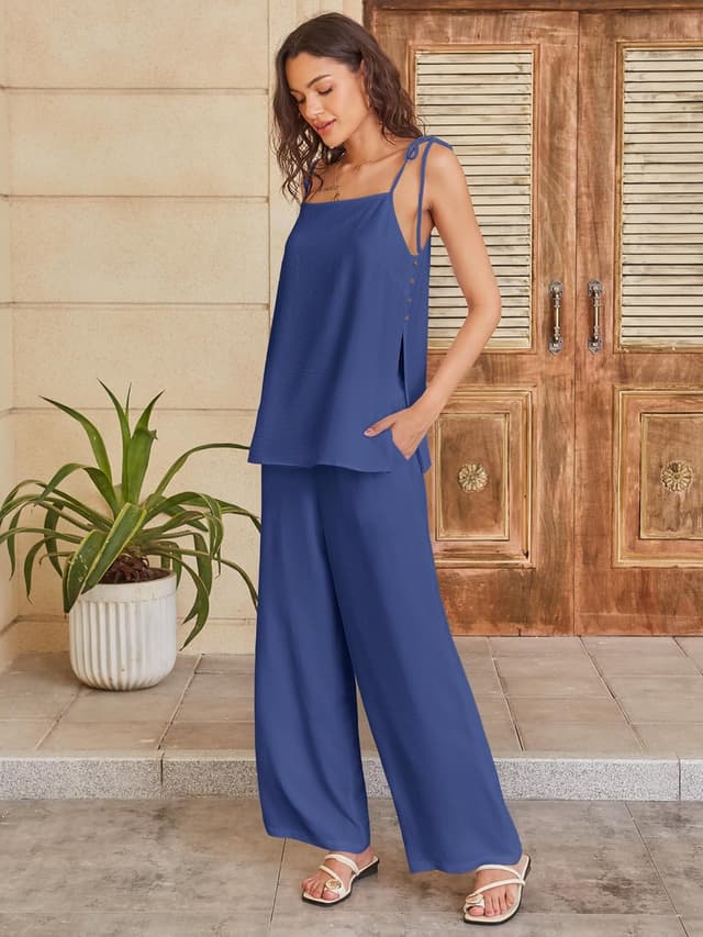 Detalle de ANRABESS 2-Piece Summer Lounge Set for Women: Spaghetti Strap Top + Wide-Leg Pants