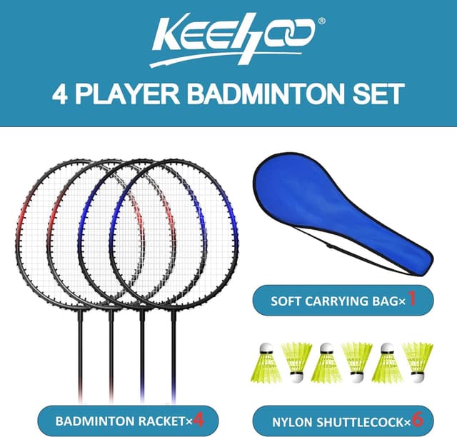 Detalle de KH 2–4 Player Badminton Rackets Set (4 Rackets, Shuttlecocks & Carry Bag) for Adults, Kids & Family Garden Play
