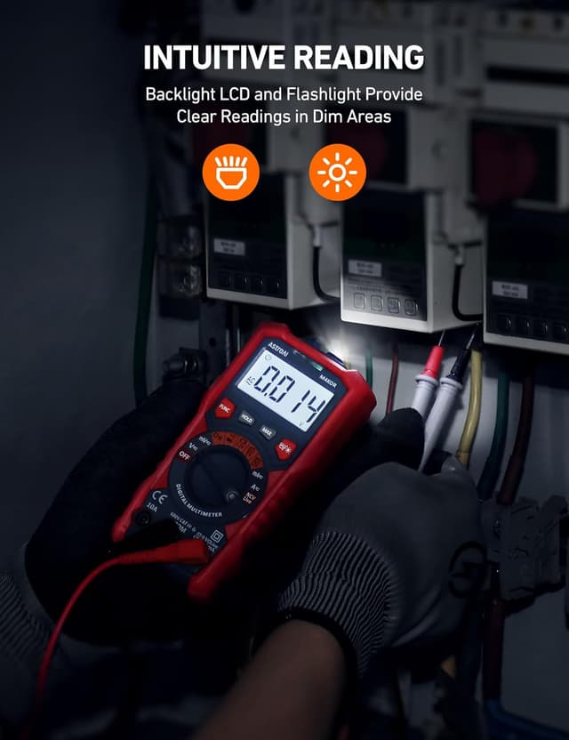 Detalle de AstroAI Digital Multimeter: TRMS Auto-Range mit NCV, LCD-Hintergrundlicht und Taschenlampenfunktion