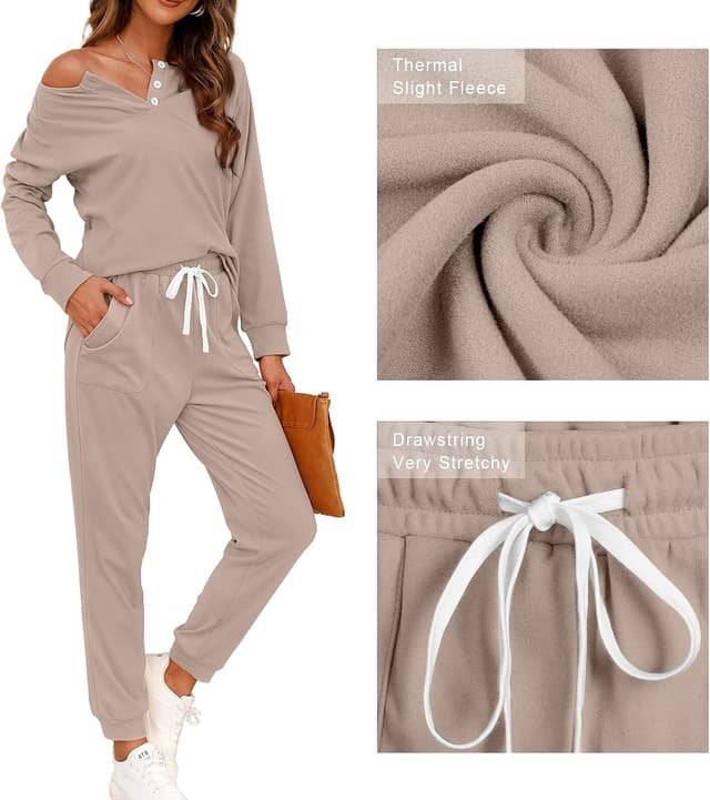 Detalle 2 de WIHOLL Two-Piece Lounge Set for Women (Button-Down Henley Sweatshirt & Sweatpants)