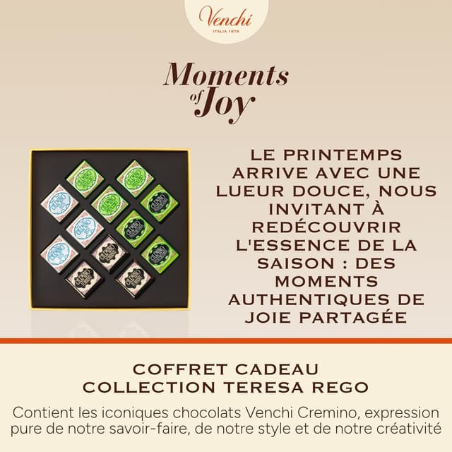 Detalle de Coffret Printemps Venchi avec 12 Cremino sans gluten (135 g) – collection illustrée Teresa Rego