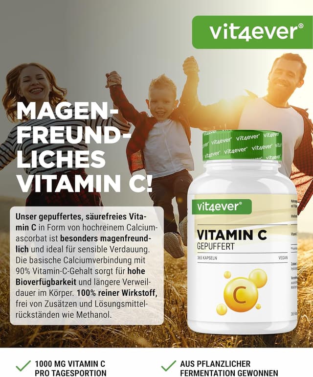 Detalle 2 de vit4ever Vitamin C gepuffert 1000 mg (pH-neutral, säurefrei) – 365 vegane Kapseln