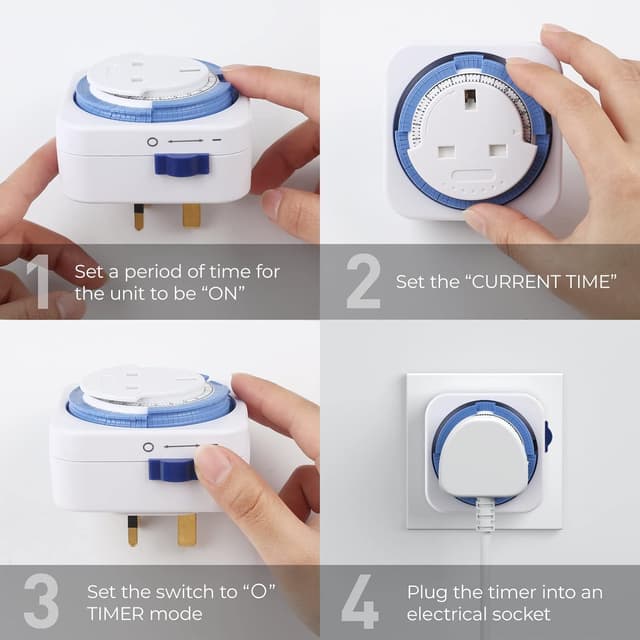 Detalle 2 de HBN Mechanical Timer Plug Socket (24 Hour, 13A/3120W) – UK Indoor Plug-In Timer, 3 Pack
