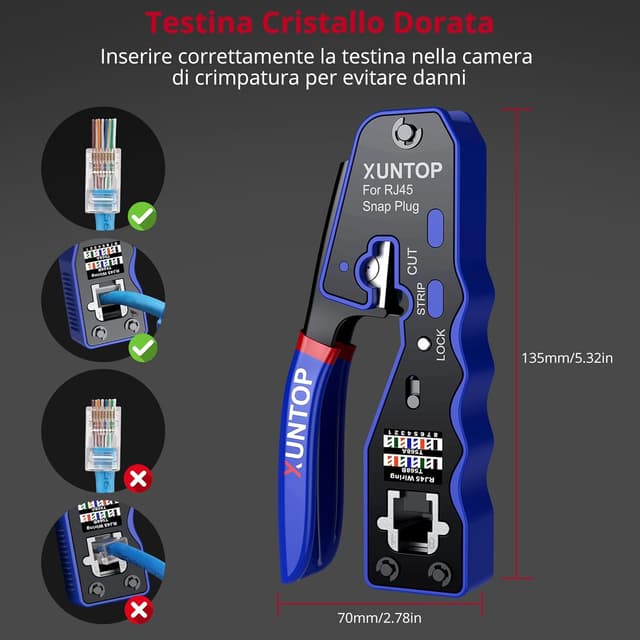 Detalle 1 de XUNTOP Pinza crimpatrice RJ45 pass-through con 20 connettori Cat6 dorati e accessori