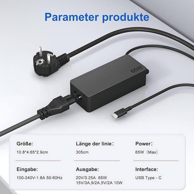 Detalle de 65W Lenovo USB‑C Laptop-Ladekabel Netzteil (USB‑C Type‑C) für Lenovo ThinkPad/IdeaPad/Yoga/Chromebook – 10FT