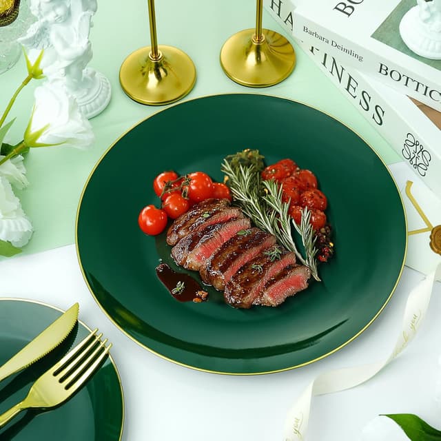 Thumbnail 4 de 175-Piece Green Gold Plastic Dinnerware Set