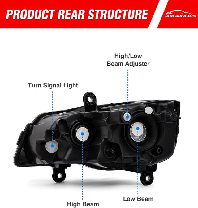 Detalle de ADCARLIGHTS OE-style Headlights for 2011–2018 Dodge Grand Caravan and 2008–2016 Chrysler Town & Country (Chrome Housing, Amber Reflector)