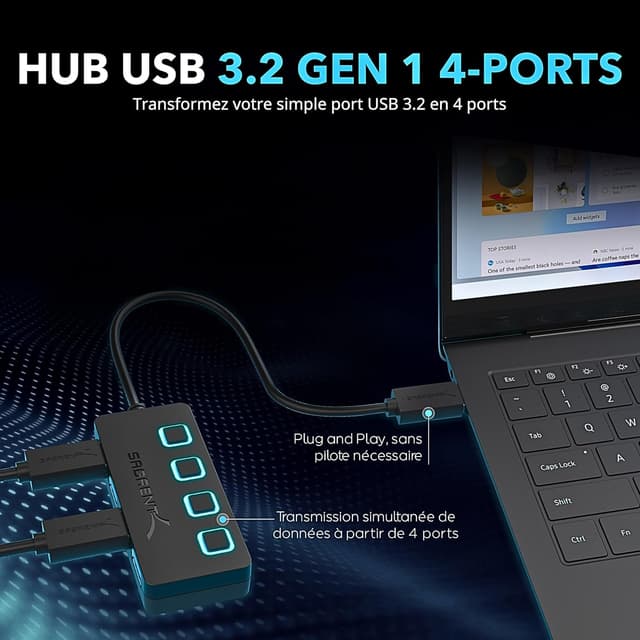 Detalle 2 de SABRENT Hub USB alimenté 4 ports USB 3.0 ultra-rapide 5 Gbps (HB-UMP3) avec interrupteurs et voyants