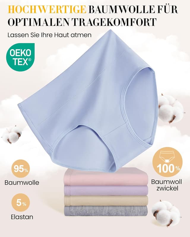 Detalle 2 de SIMIYA Damen Unterhosen aus Baumwolle im 5er-Set (S–5XL), hoher Bund & Hipster-Schnitt