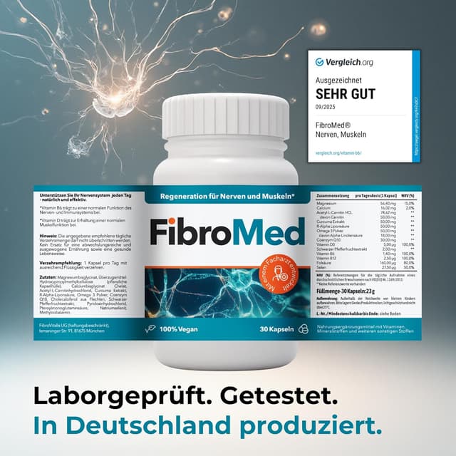Detalle de FibroMed® – Kapseln mit Vitamin B6, B12, Folsäure, D3, Omega-3 & Pflanzenextrakten (vegan) – 30 Kapseln