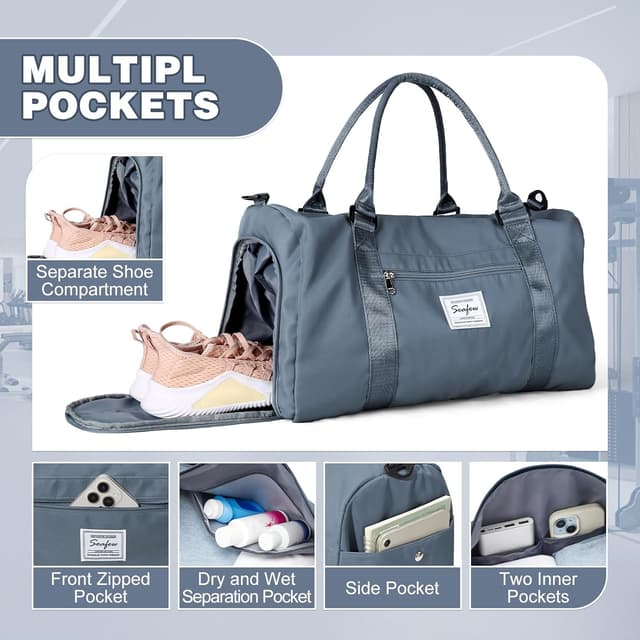 Detalle de WEPLAN waterproof sports gym bag with shoe compartment for travel (gray blue)