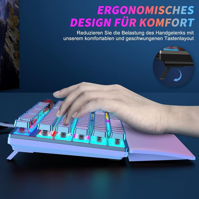 Detalle 2 de TECURS Gaming Mechanische Tastatur mit magnetischer Handgelenkauflage, rote Schalter (QWERTZ, DE-Layout) und 19 LED-Modi