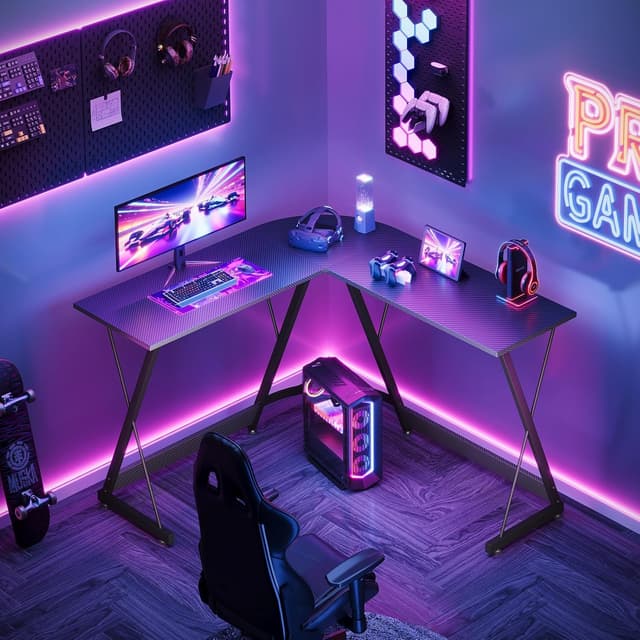 Detalle de ODK L Shaped Gaming Desk (120×120 cm) Corner Computer Desk in Carbon Fibre Black