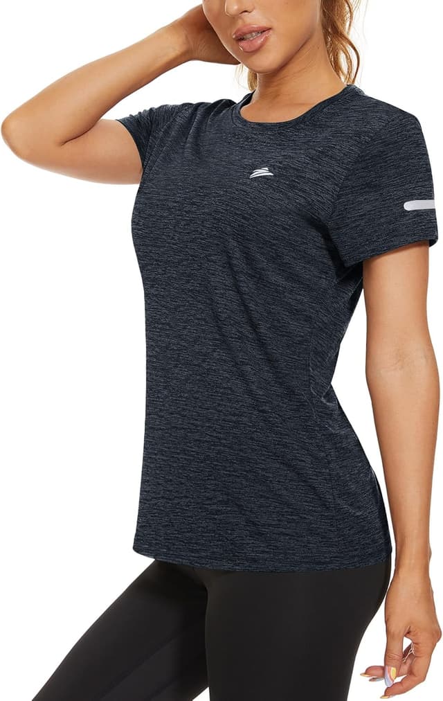 Detalle de KEFITEVD Melange Sportshirt Damen Kurzarm mit Reflexstreifen – atmungsaktives Stretch Funktionsshirt