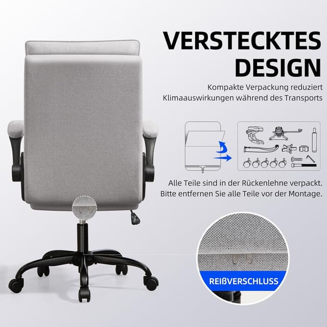 Detalle 2 de Asukale ergonomischer Bürostuhl mit hoher Rückenlehne, atmungsaktivem Stoff, 150-kg-Belastung und Wippfunktion (PC-Stuhl, grau)