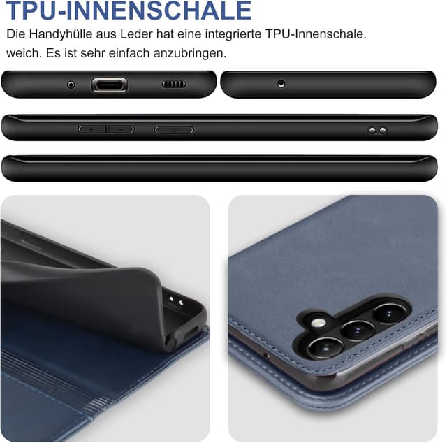 Detalle de Vaki Handyhülle für Samsung Galaxy S24 FE: PU-Leder Wallet Case mit Schutzfolie, Kartenfach & Standfunktion (Blau)
