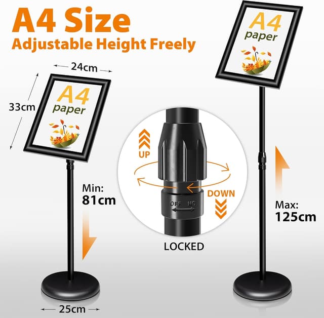 Detalle de VAIIGO 6Pack Adjustable A4 Sign Holder (Aluminium) – Black poster, menu & notice stand