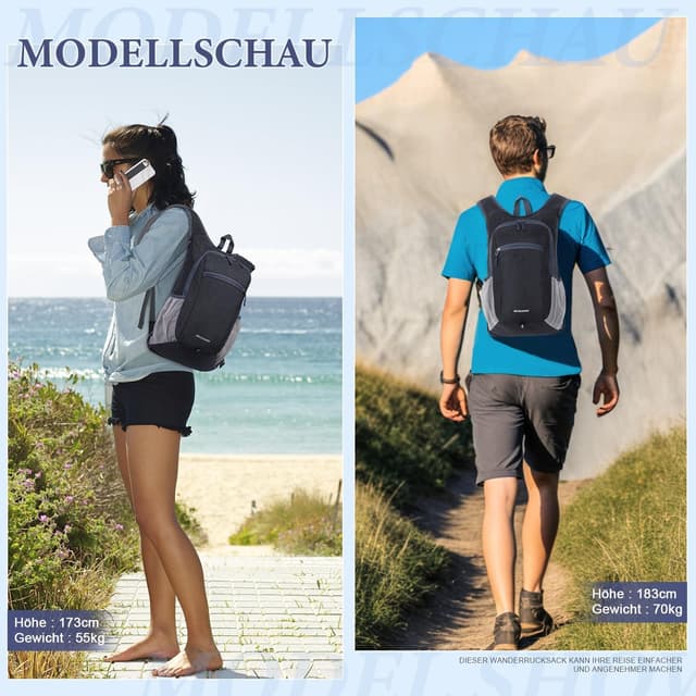 Detalle 1 de BECOJADDE 15L faltbarer Rucksack – leichter Tagesrucksack für Wandern, Reisen und Alltag (wasserabweisend) in Schwarz