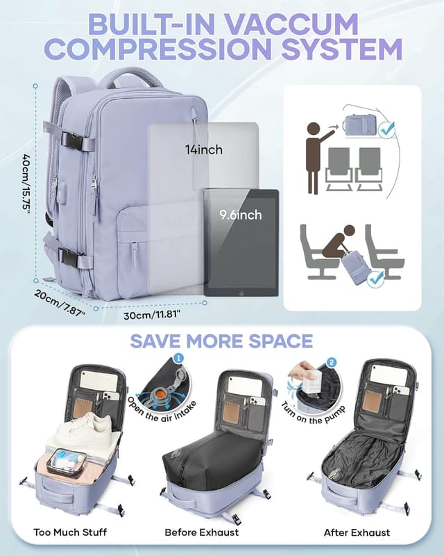 Detalle 2 de SZLX sac à dos de voyage sous vide 40x30x20 avec pompe et compartiment ordinateur 14 pouces