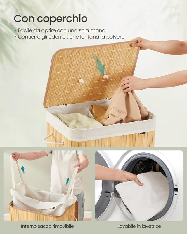 Detalle de SONGMICS LCB014Y01 Cesta portabiancheria in bambù con coperchio, 2 scomparti e sacco lavabile da 120 L