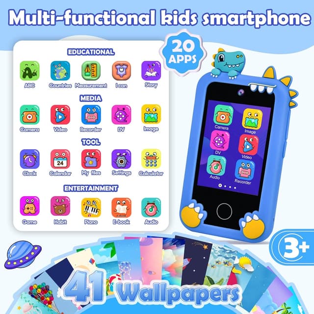Detalle 2 de Jusvenmt Kids Phone for Boys (Dinosaur) with 2.8" Touchscreen, Dual Camera, 44 Games, 32GB Card