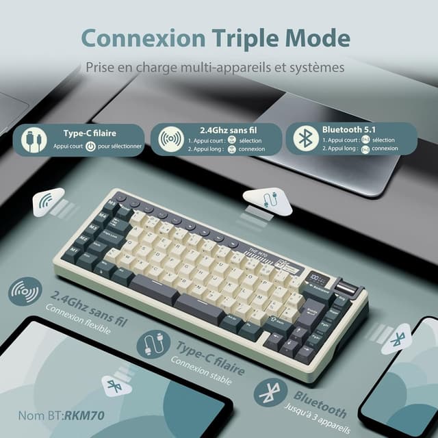 Detalle de RK Royal Kludge M70 – Clavier mécanique 75% sans fil triple connexion (AZERTY) avec macros, écran et hot-swap