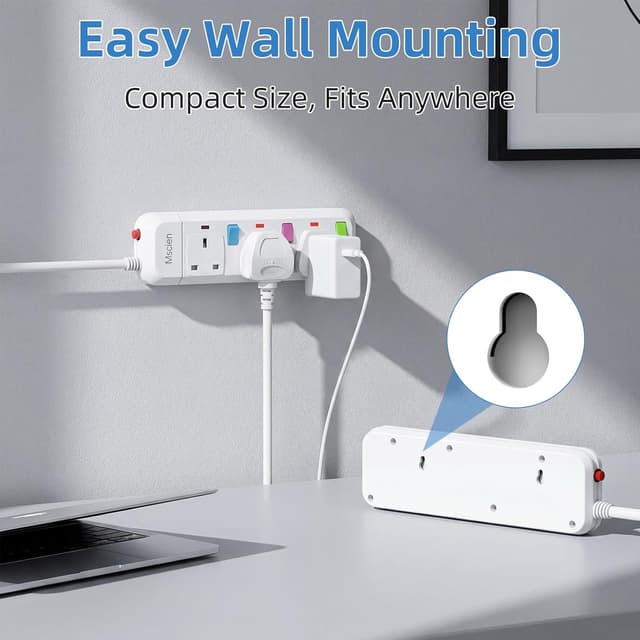 Detalle de Mscien 1 Metre Extension Lead 3-Way with Individual Switches & Fused Protection (2500W)