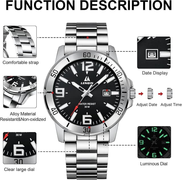 Detalle 2 de LN LENQIN Herrenarmbanduhr aus Edelstahl mit Quarzwerk, analogem Zifferblatt und Datumsanzeige